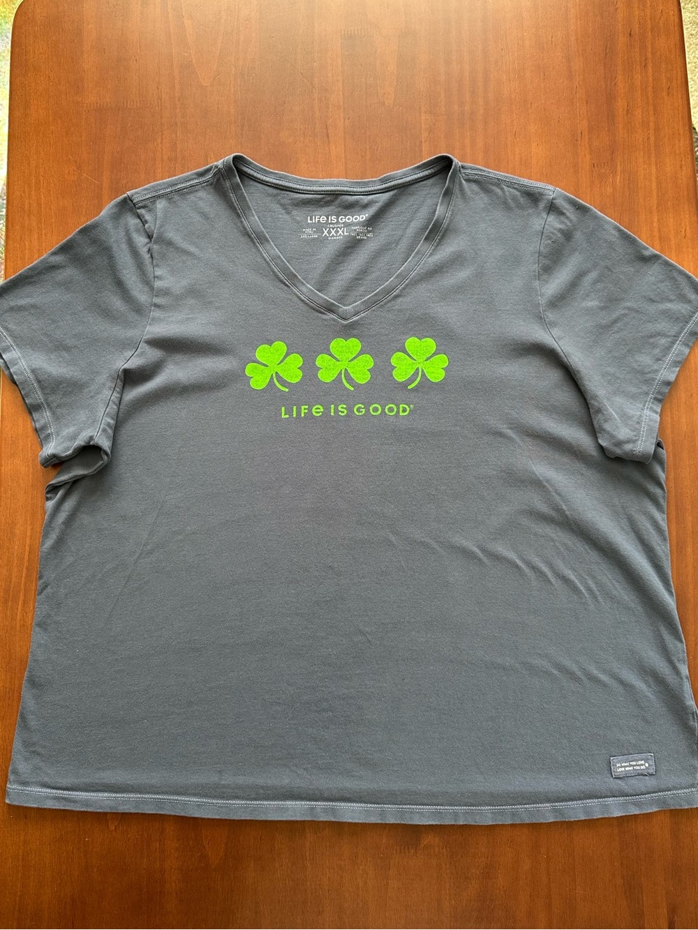 Life Is Good Charcoal V-Neck Tee with 3 Green Shamrock Print
